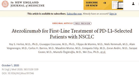 一線治療轉移性NSCLC 阿特珠單抗優(yōu)于含鉑化療